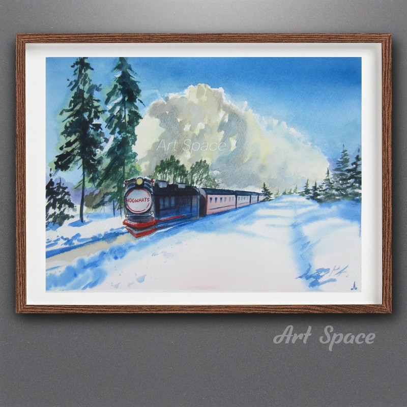 watercolor painting - transport - winter - train - trees - nature - snow - Hogwarts - Harry Potter - blue landscape - 2.jpg