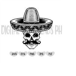 Sombrero Skull SVG | Mexican Skeleton SVG | Gothic T-Shirt Decal Vinyl | Cricut Cutting File Printable Clipart Vector Di