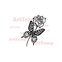 Butterfly on a rose svg for cricut, Flower svg, papercut template, floral clipart, vector monogram, Silhouettes dxf deca