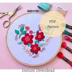 Blossom Embroidery PDF Pattern - Blooming heart hand embroidery pattern for embroidery begginers , Floral embroidery des