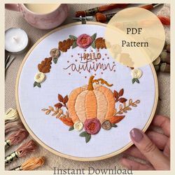 Pumpkin Floral  Embroidery PDF pattern for beginners Cozy Vibes Embroidery September PDF pattern Instant Download