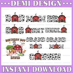 Personalized Name And Age Family Farm Birthday Bundle Png, Embroidered Farm Party Png, Animal Birthday Png ,Cow Birthday
