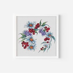 Daisy Wreath Cross Stitch Pattern PDF, Cornflowers Counted Cross Stitch, Viola Flowers Hand Embroidery, DIY Floral Home