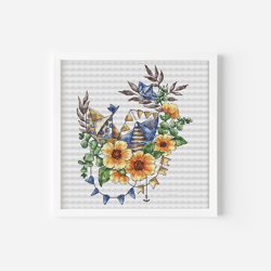 Nautical and Floral Cross Stitch Pattern PDF, Wreath with Yellow Flowers Hand Embroidery Paper Boat Counted Cross Stitch