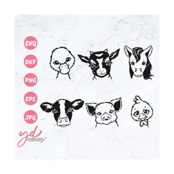farm animals bundle svg | cute farm animals svg | duck goat horse cow pig chicken svg | cute animal face svg | animal he