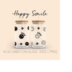 Smile Libbey Can Glass Svg, 16oz Can Glass, Smiley Svg , Cricut Cut File, Coffee Cup Svg, Libbey Glass Wrap, daisy libbe