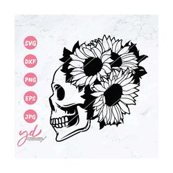 floral skull svg | skeleton svg | skull with sunflowers svg | halloween svg | sideview svg | horror svg | skull with flo