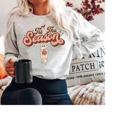 tis the season sweatshirt, halloween sweatshirt, cute fall sweatshirt, ghost cat sweatshirt, pumpkin spice, iprintasty