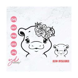 cute hippo svg | hippopotamus svg | hippo with flowers svg | floral hippo head svg | hippo clipart | cute baby hippo fac