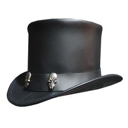Steampunk Tri Skull Band Black Leather Hat