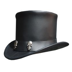 steampunk tri skull band black leather hat