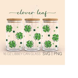 clover leaf line art  16 oz glass can cut file, st patrick's day svg, clover leaf svg, four leaf clover svg, svg wrap fi