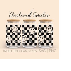 Melted Smiley Face Checkered Libbey Can Glass Svg, 16 Oz Can Glass, Smiley Drippy Face Svg, Trendy Svg, Lightening Bolt