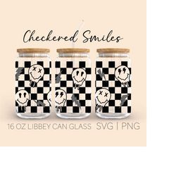 melted smiley face checkered libbey can glass svg, 16 oz can glass, smiley drippy face svg, trendy svg, lightening bolt