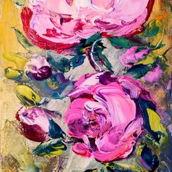 Oil Painting Pink Peonies Flowers Bushes Impasto Original Artist Svinar Oksana