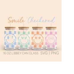 checkered smiley face libbey can glass svg, 16 oz can glass, smiley face svg, popular png lightning bolt svg, aesthetic
