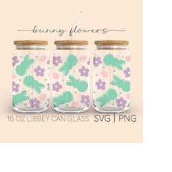 bunny flowers 16 oz glass can cut file, easter can glass wrap svg, bunny can glass wraps, bunnies can glass wrap svg pn