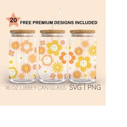 retro happy flowers, 16 oz libbey glass svg, smile face flowers svg, boho groovy flowers svg, retro daisy svg, retro svg