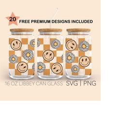 checkered daisy smiley svg, 16 oz glass can cut file, retro svg, hippie svg, groovy svg, daisy svg, smiley face svg, che