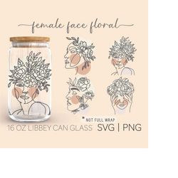 female face floral 16 oz glass can cut file, female face svg, floral svg, one line drawing, cricut cut file svg, digita