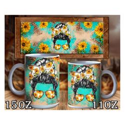 western sunflower background mug sublimation design,messy bun hair mom life mug png, momlife png, momlife mug, sunflower