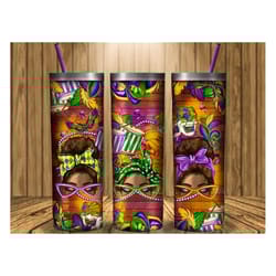 afro woman messy buns mardi gras tumbler png sublimation design,20oz skinny tumbler png,mardi gras tumbler,messybun tumb