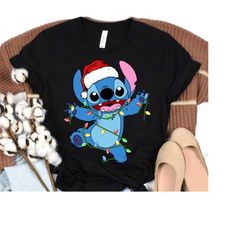 Disney Stitch Christmas Lilo And Stitch Santa Hat Christmas Light Disney Holiday Costume Shirt, Disneyland Christmas Mat
