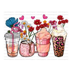 daisy coffee cups png sublimation design, coffee cups png design, hand drawn daisies png,coffee love png,love png,sublim