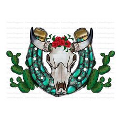 horseshoe bull skull gemstone png, western horseshoe design, rose png, cowhide cactus, western design,sublimation design