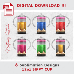 6 Inflated 3D Puffy Bubble Pencil School Patterns - Seamless Sublimation Designs - 12oz SIPPY CUP - Full Cup Wrap