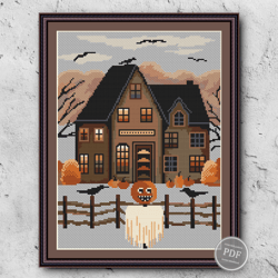 Cross stitch pattern Spooky House for Halloween. Modern Halloween Pumpkin Template PDF 367