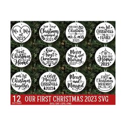our first christmas ornament svg bundle, our first christmas 2023 svg, mr and mrs svg, wedding, married ornaments, svg f