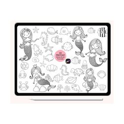 33 mermaid cartoon Bundle Stamp Procreate,Forest Head Animal Outline,Abstract,Doodle,hand drawn,brush,cute animals carto