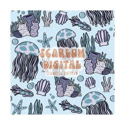 underwater seamless pattern-sea life sublimation digital design download-jelly fish seamless file, sea shell seamless fi