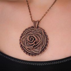 Garnet rose pendant for woman Wire wrapped copper flower with natural gemstone Bohemian necklace Ooak jewelry Wire wrap