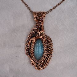 Natural aquamarine ang garnet pendant for woman Wire wrapped copper necklace for her Unique Wire Wrap Art jewelry