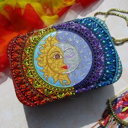 Hand painted jewelry box, Travel jewelry case, Portable jewelry organizer, Jewelry storage, Sun, Moon, Mandala box