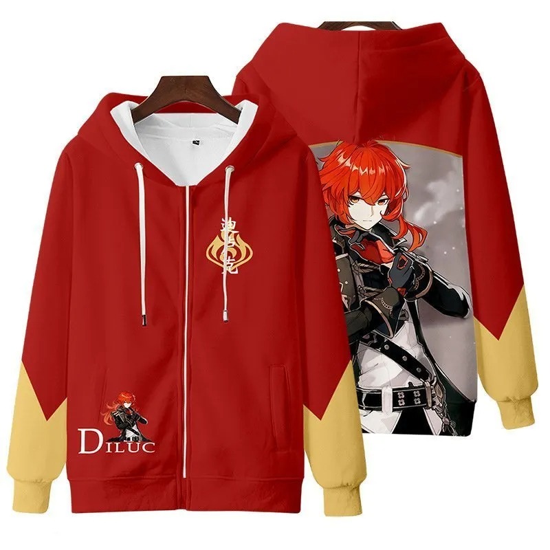 Diluc All Over Print 3D Hoodie Zip Hoodie, Diluc Genshin Impact 3D Hoodie Zip Hoodie Fleece Hoodie, Diluc Hoodie 3D