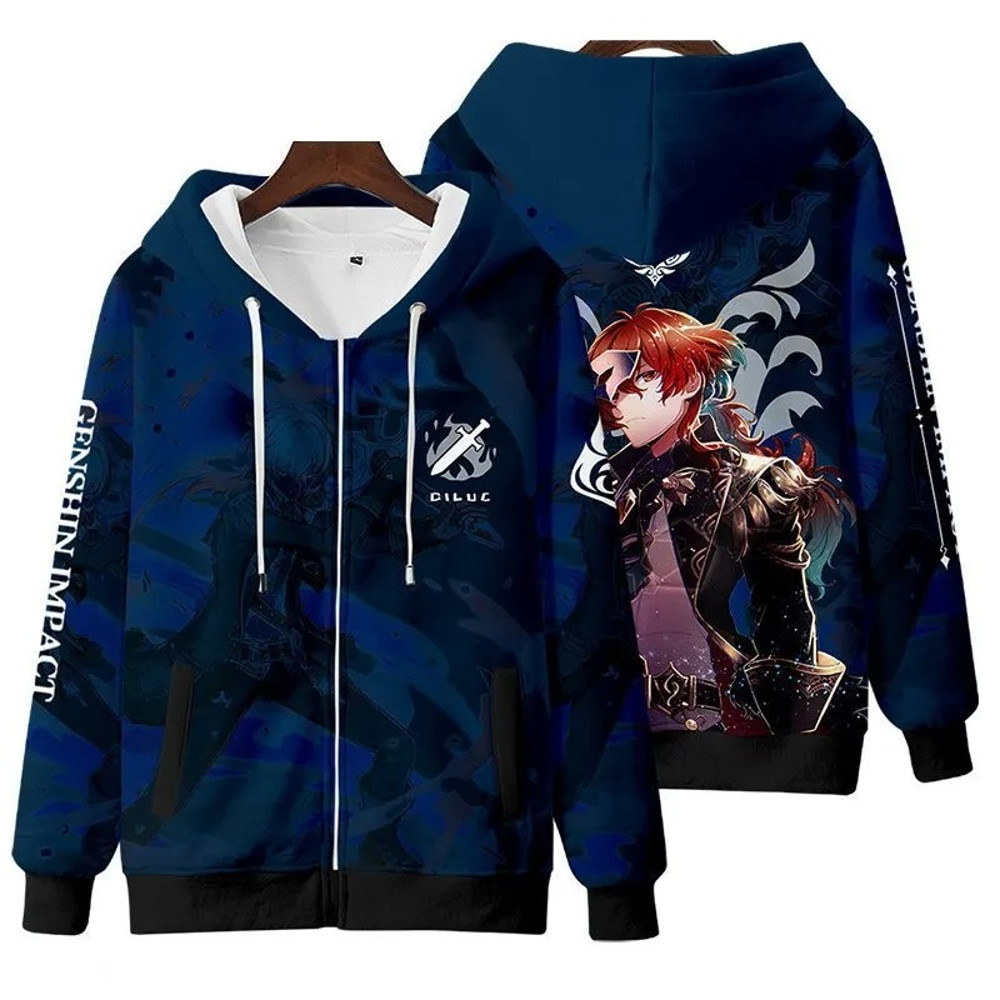 Diluc All Over Print 3D Hoodie Zip Hoodie, Diluc Genshin Impact 3D Hoodie Zip Hoodie Fleece Hoodie, Diluc Hoodie 3D