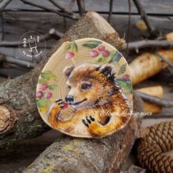 bear cub enjoying berries, small wood slice painting