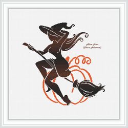 Cross stitch pattern Witch silhouette hat broom pumpkin monochrome Halloween holiday sorceress counted crossstitch PDF