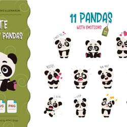 11 cute cartoon pandas. t-shirt, png, svg.