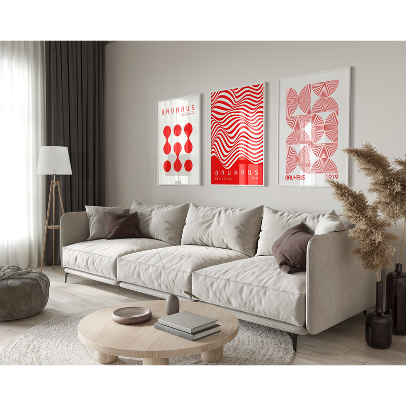 Bauhaus Poster Red Set of 3, Geometric Retro Wall Art, Red Bauhaus Exhibition Print, Modern Mid Century Printable Art, Digital Download.jpg