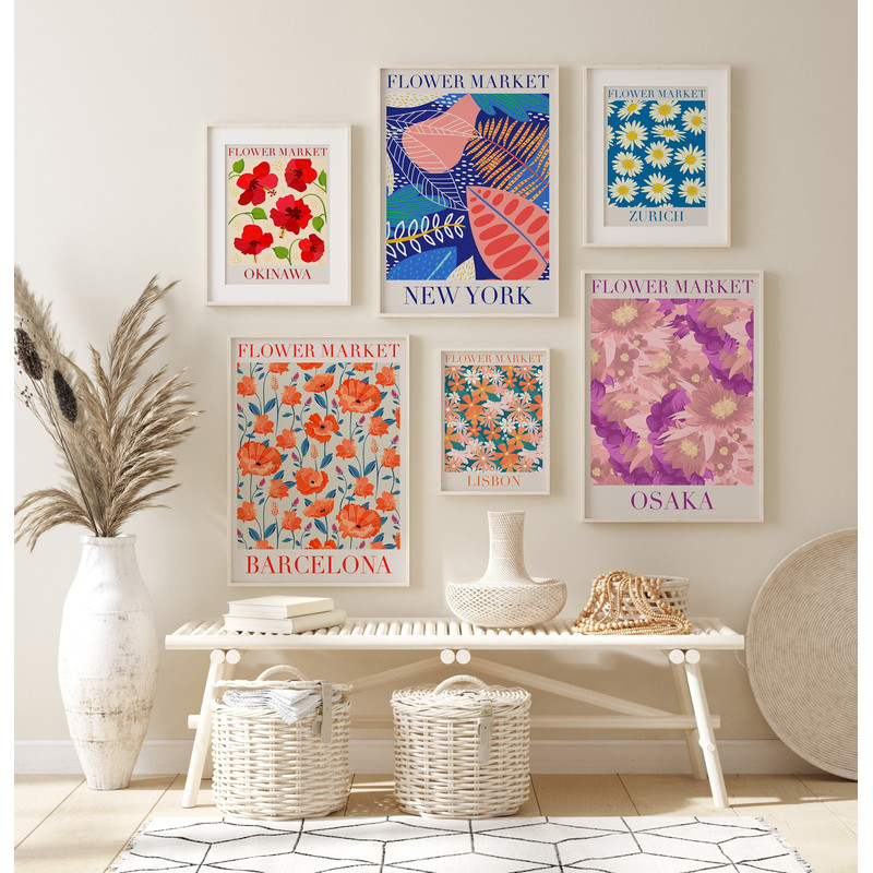 Flower Market Set of 6, Gallery Wall Set, Flower Market Print, Floral Botanical Wall Art, Boho Flower Market Poster Set, Digital Download.jpg