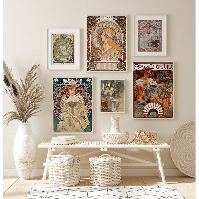 Alphonse Mucha Set of 6 Prints, Mucha Exhibition Art Poster Set, Vintage Gallery Wall Art Set, Art Nouveau Portrait Prints, Digital Download.jpg