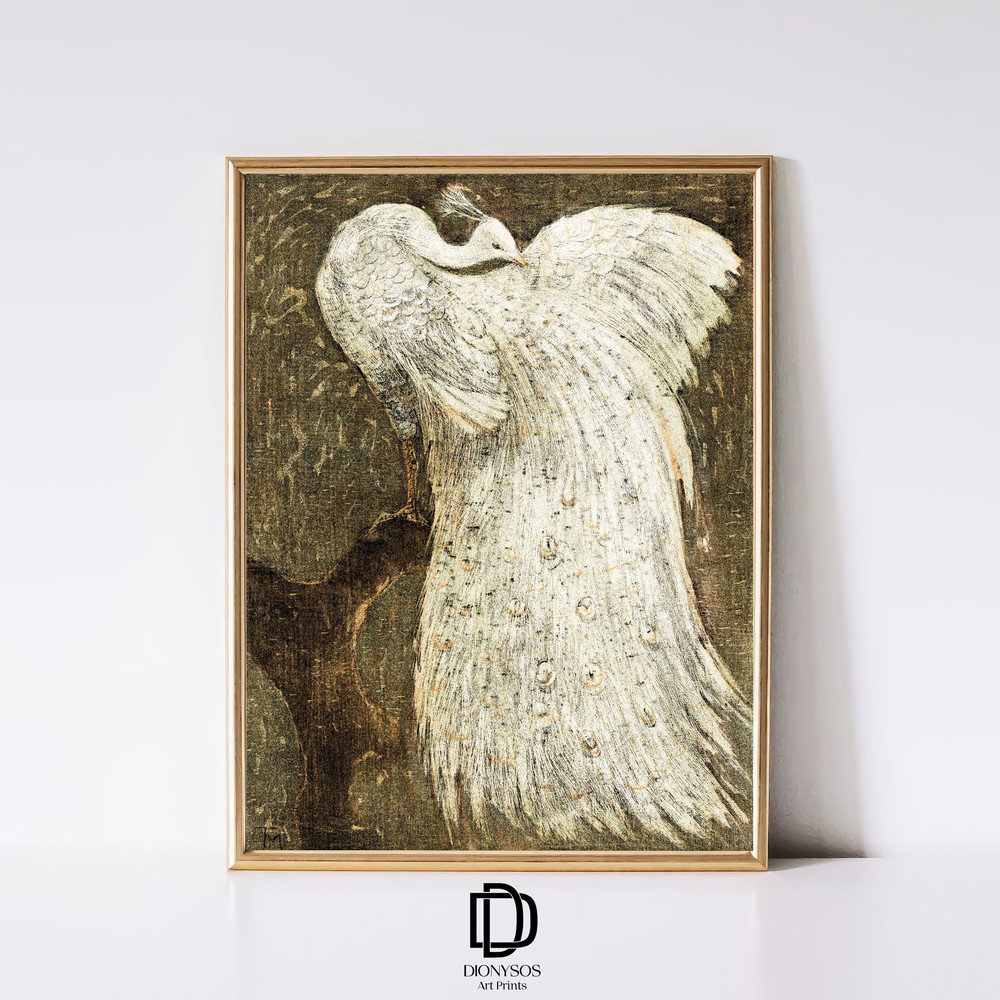 Artful Peacock Art Print, Vintage White Peacock Art Poster, Artful Bird Wall Art, Birding Art Print, Vintage Printable Art, Digital Download.jpg
