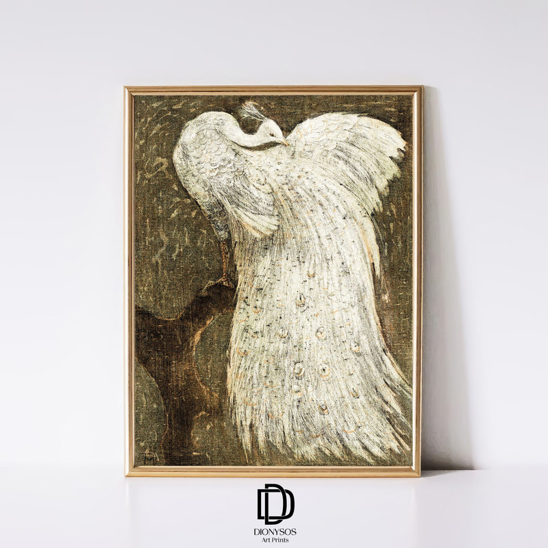 Artful Peacock Art Print, Vintage White Peacock Art Poster, Artful Bird Wall Art, Birding Art Print, Vintage Printable Art, Digital Download.jpg