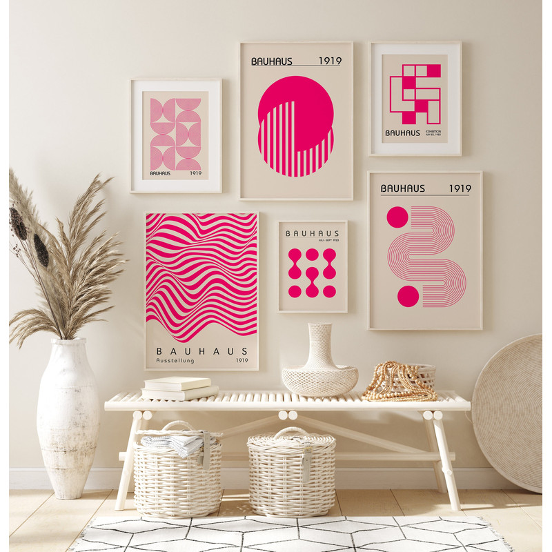 Pink Bauhaus Set of 6 Poster Print, Minimalist Retro Wall Art, Bauhaus Exhibition Poster, Modern Mid Century Printable Art, Digital Download.jpg