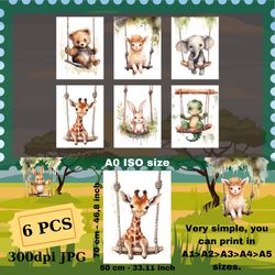 printable wall art of baby animals swinging away - perfect for nursery kids room