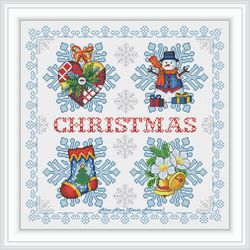 Sampler Christmas Snowflakes Cross stitch pattern holiday Snowman Bells Heart Sock New year panel counted crossstitch